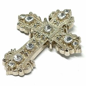 Vintage Silver Tone Crystal Rhinestone Studded Cross Crucifix Charm Pendant 2”